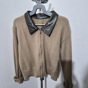 Taupe Knit Zip-Up Cardigan with Black Leather Collar
